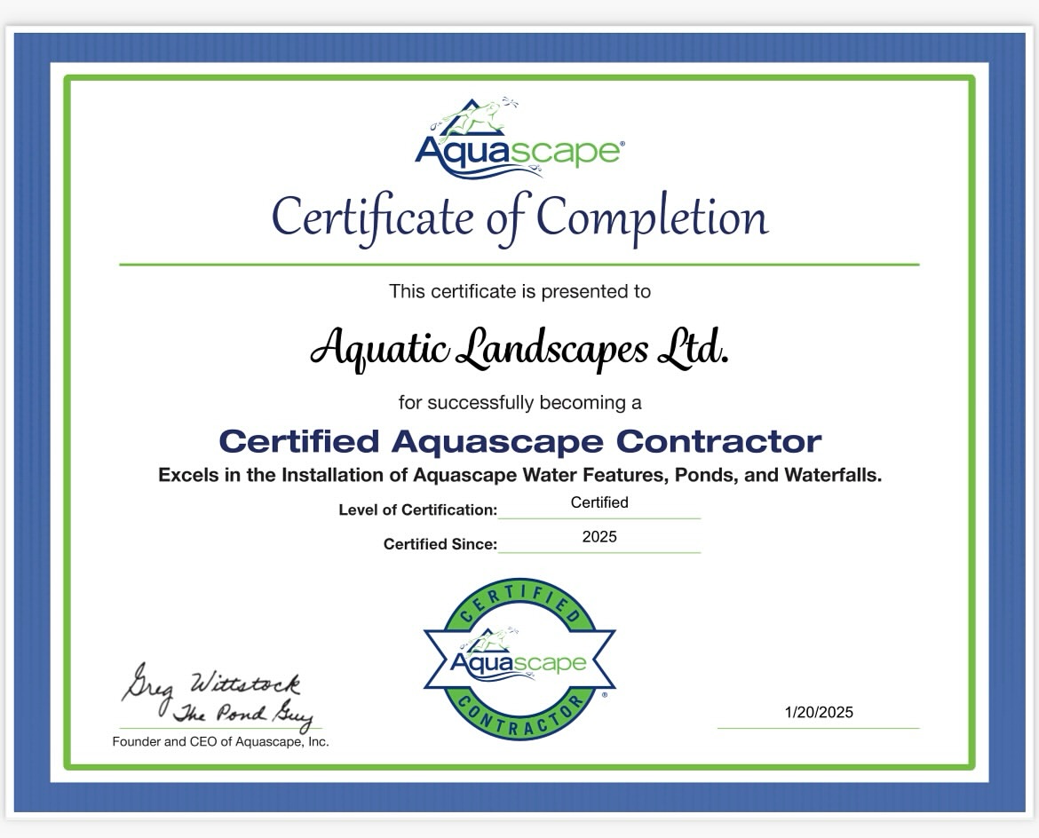 Aquascape Certificate of Completion presented to Aquatic Landscapes Ltd as a Certified Aquascape Contractor