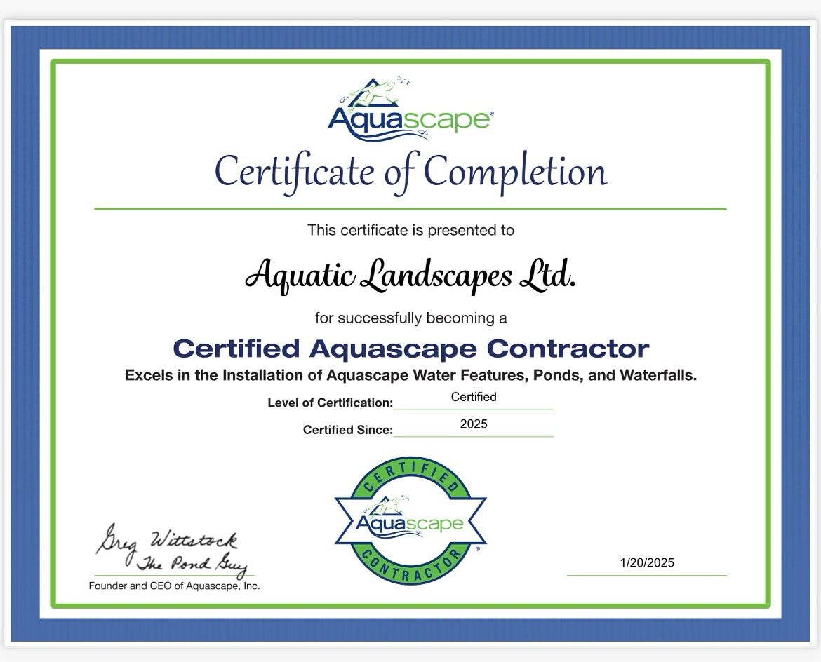 Aquascape Certificate of Completion presented to Aquatic Landscapes Ltd as a Certified Aquascape Contractor