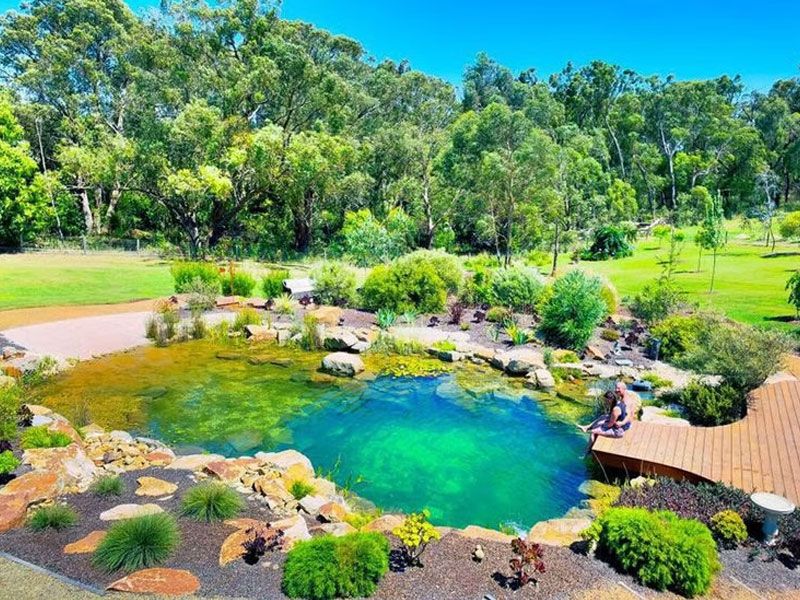 Turquoise natural pool edged with rock and a timber deck